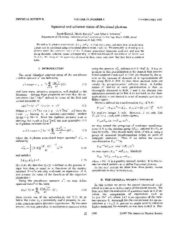 (PDF) Squeezed and coherent states of fractional photons