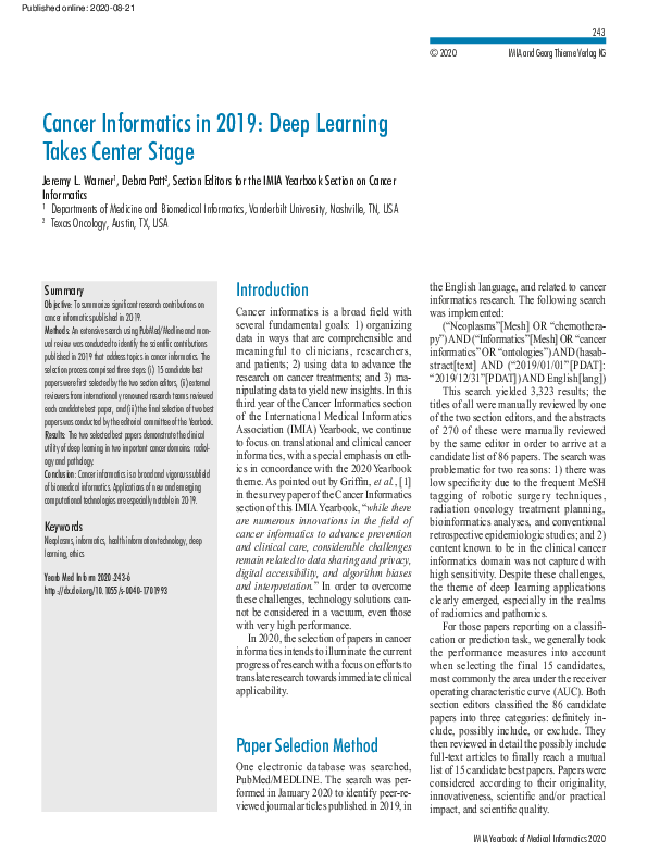 (PDF) Cancer Informatics in 2019: Deep Learning Takes Center Stage