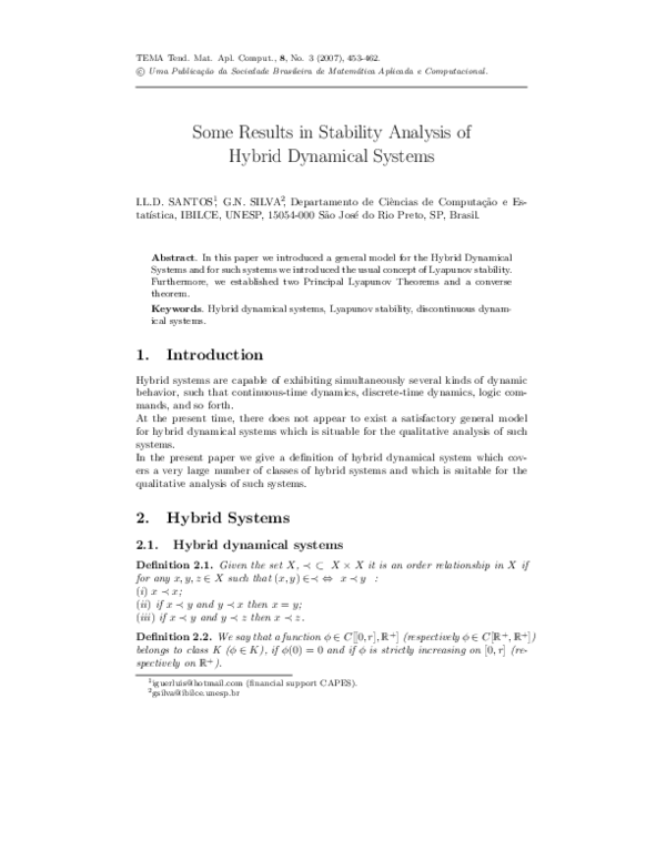 (PDF) Some Results in Stability Analysis of Hybrid Dynamical Systems