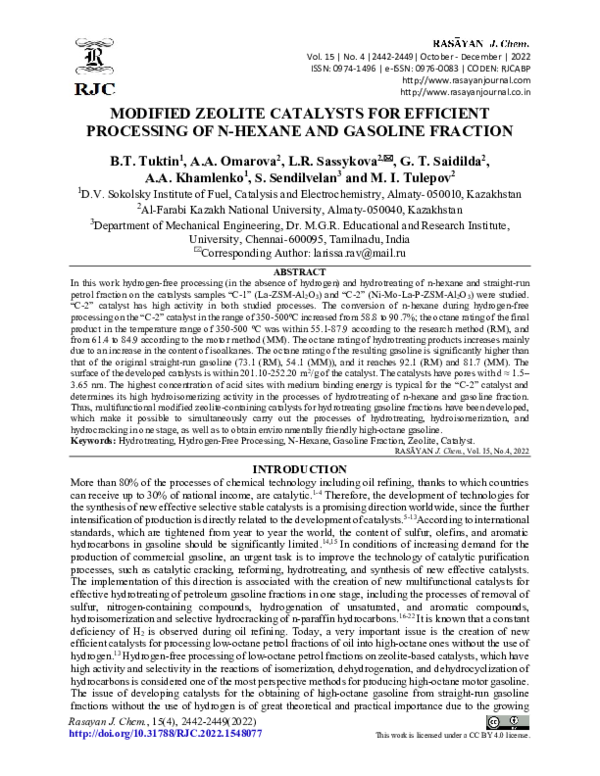 (PDF) MODIFIED ZEOLITE CATALYSTS FOR EFFICIENT PROCESSING OF N-HEXANE ...