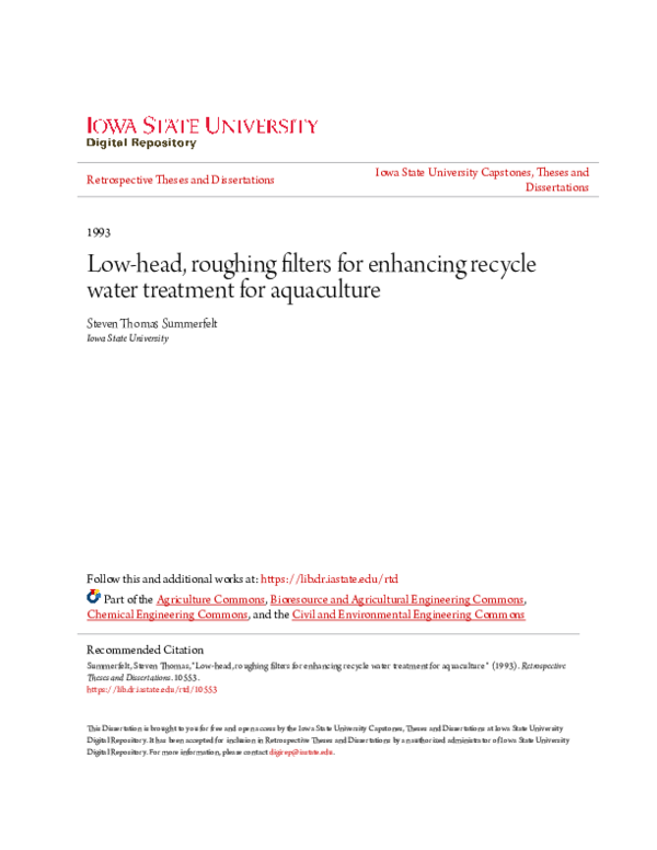 (PDF) Lowhead, roughing filters for enhancing recycle water treatment