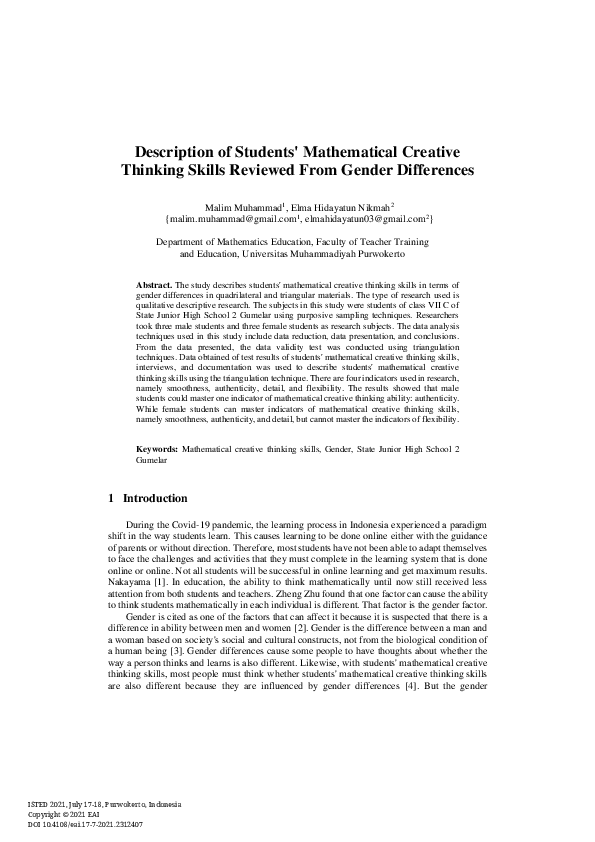 (PDF) Description of Students' Mathematical Creative Thinking Skills ...