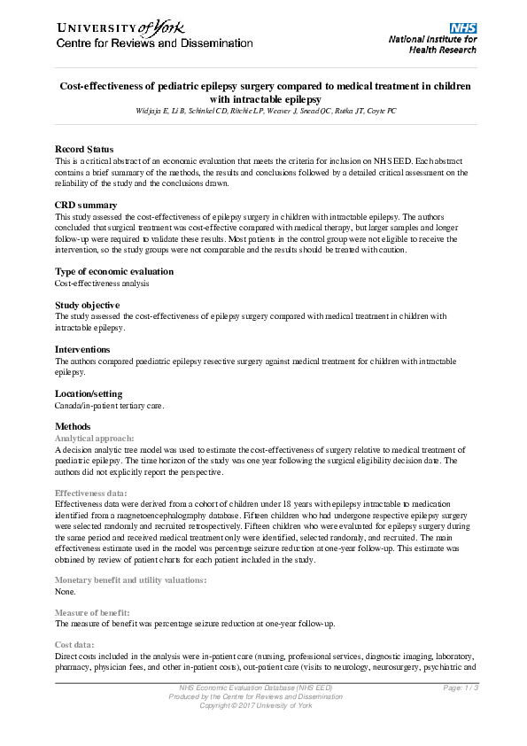 (PDF) Cost-effectiveness of pediatric epilepsy surgery compared to ...