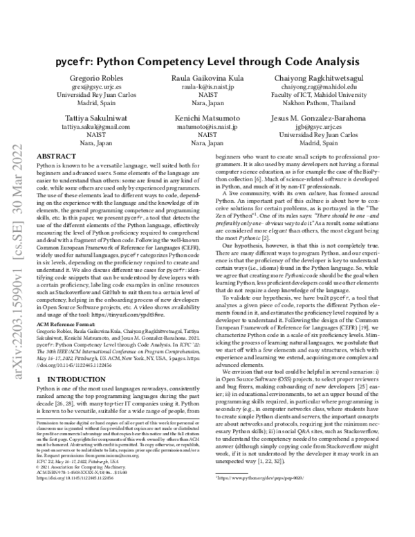 (PDF) pycefr: Python Competency Level through Code Analysis