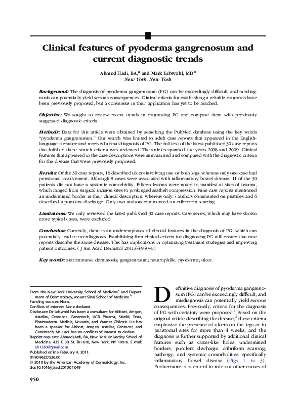 (PDF) Clinical features of pyoderma gangrenosum and current diagnostic ...