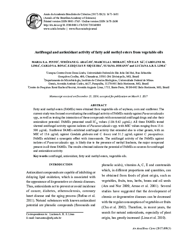 (PDF) Antifungal and antioxidant activity of fatty acid methyl esters ...