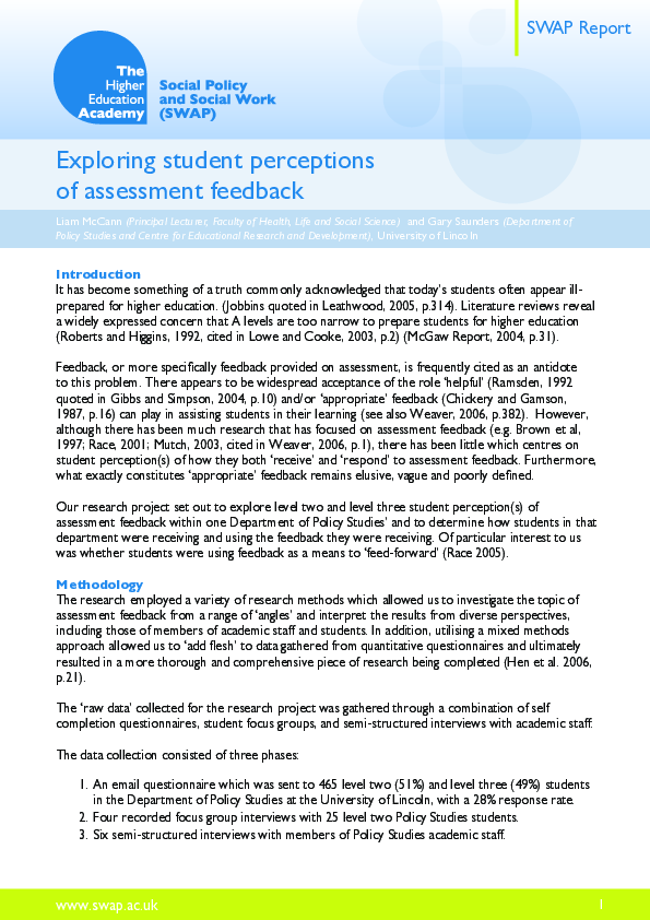 (PDF) Exploring student perceptions of assessment feedback