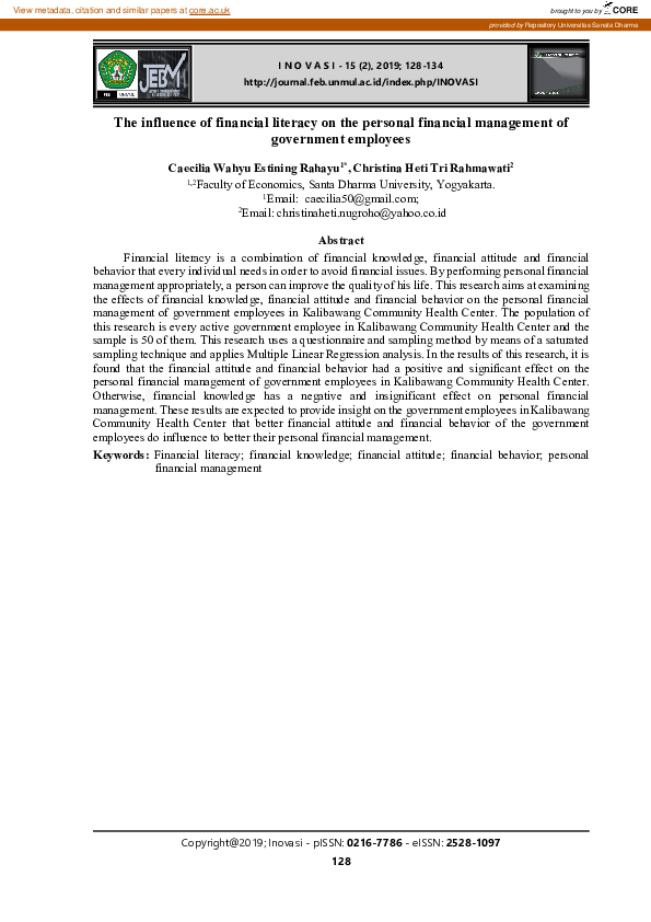 (PDF) The influence of financial literacy on the personal financial ...