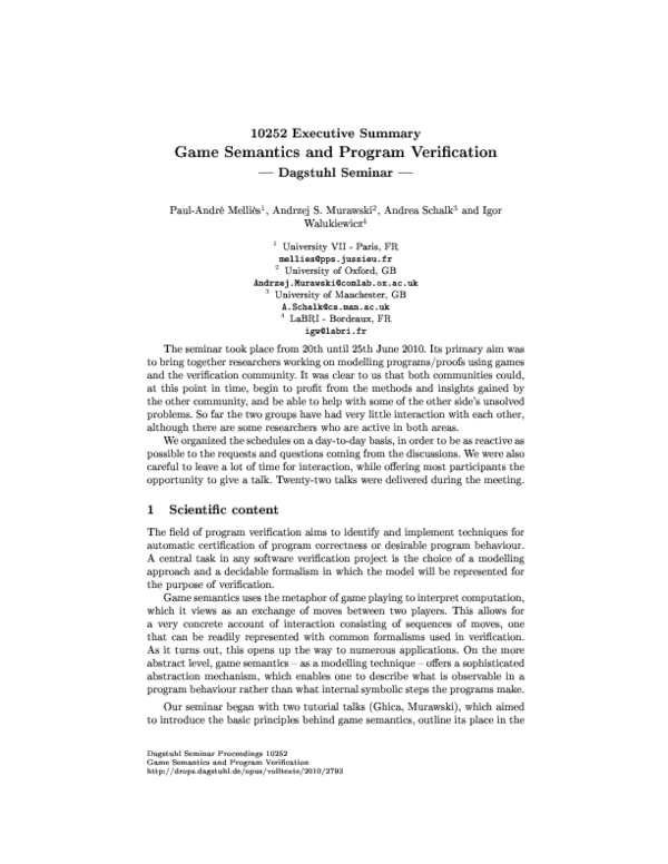 (PDF) 10252 Executive Summary – Game Semantics and Program Verification