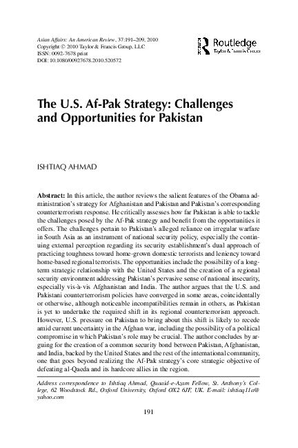 (PDF) The U.S. Af-Pak Strategy: Challenges and Opportunities for Pakistan