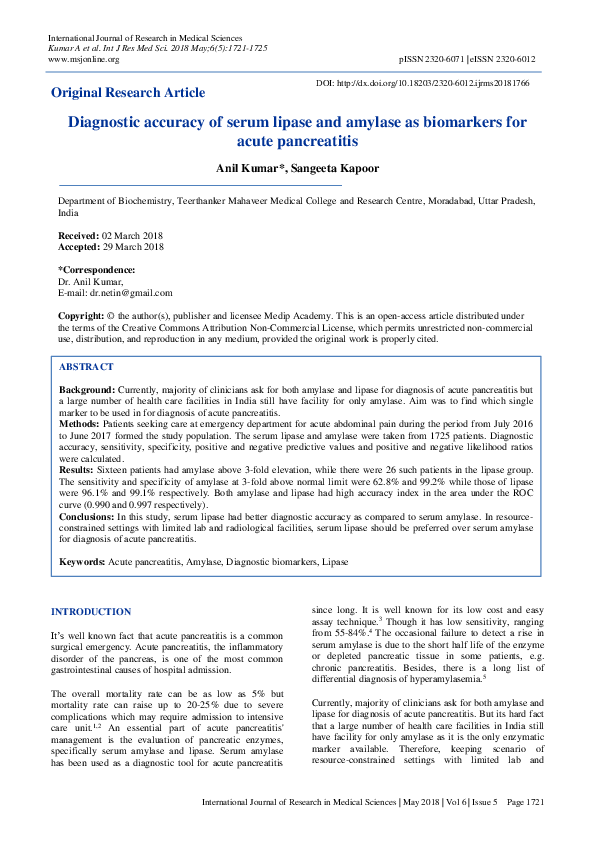 (PDF) Diagnostic accuracy of serum lipase and amylase as biomarkers for ...