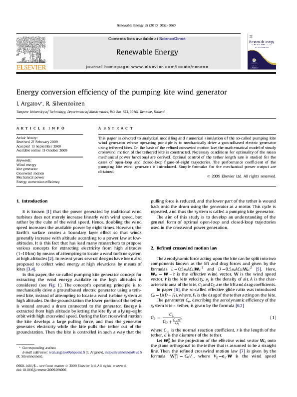 (PDF) Energy conversion efficiency of the pumping kite wind generator