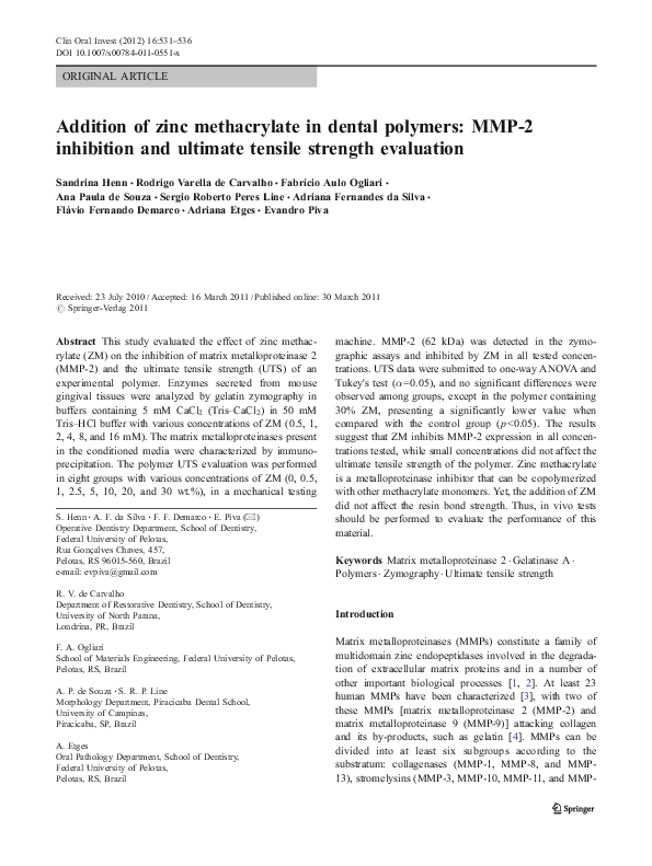 (PDF) Addition of zinc methacrylate in dental polymers MMP2