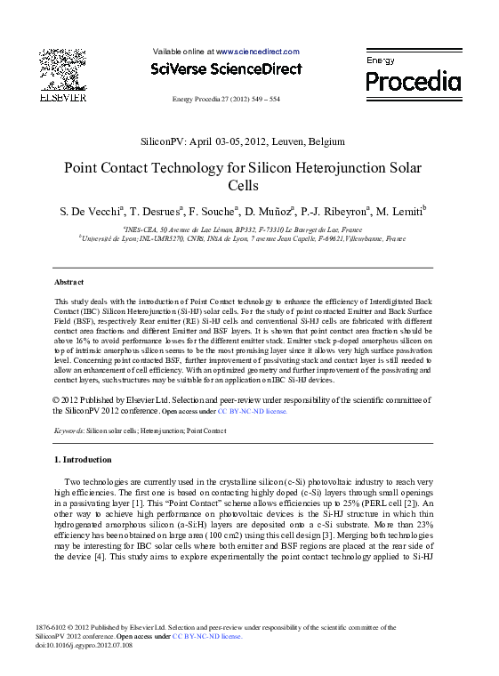 (PDF) Point Contact Technology for Silicon Heterojunction Solar Cells
