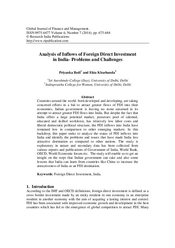 (PDF) Analysis of Inflows of Foreign Direct Investment in India ...