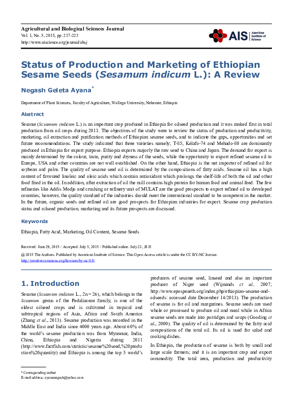 (PDF) Status of Production and Marketing of Ethiopian Sesame Seeds ( Sesamum indicum L . ) A