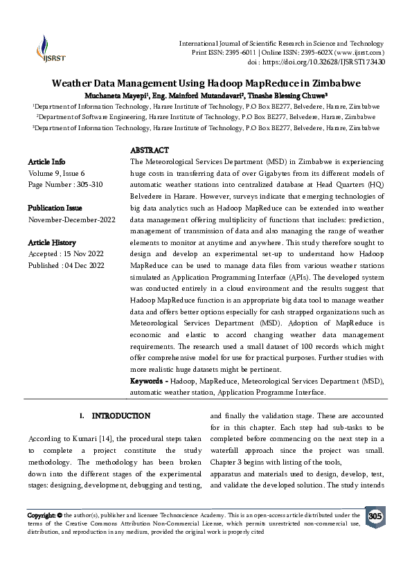 (PDF) Weather Data Management Using Hadoop MapReduce in Zimbabwe