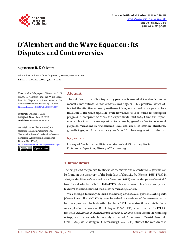 (PDF) D’Alembert and the Wave Equation: Its Disputes and Controversies