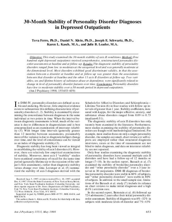 (PDF) 30-Month Stability of Personality Disorder Diagnoses in Depressed ...