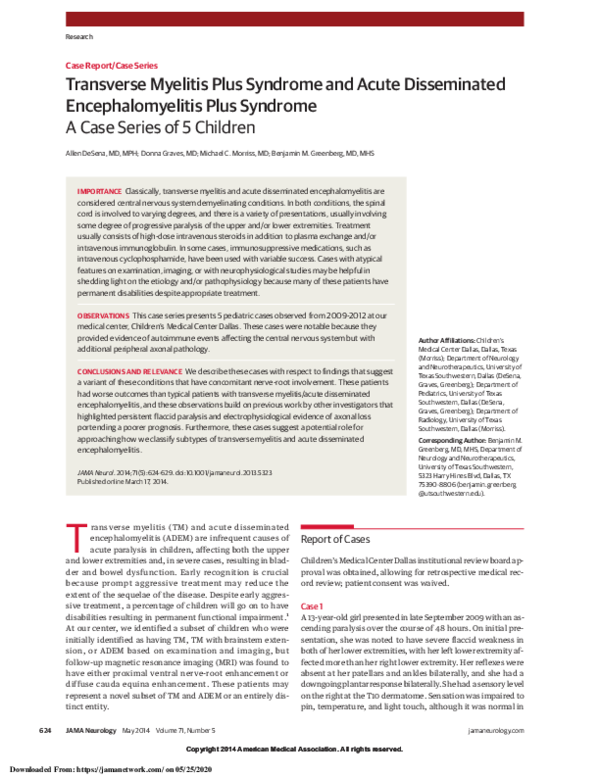 (PDF) Transverse Myelitis Plus Syndrome and Acute Disseminated ...