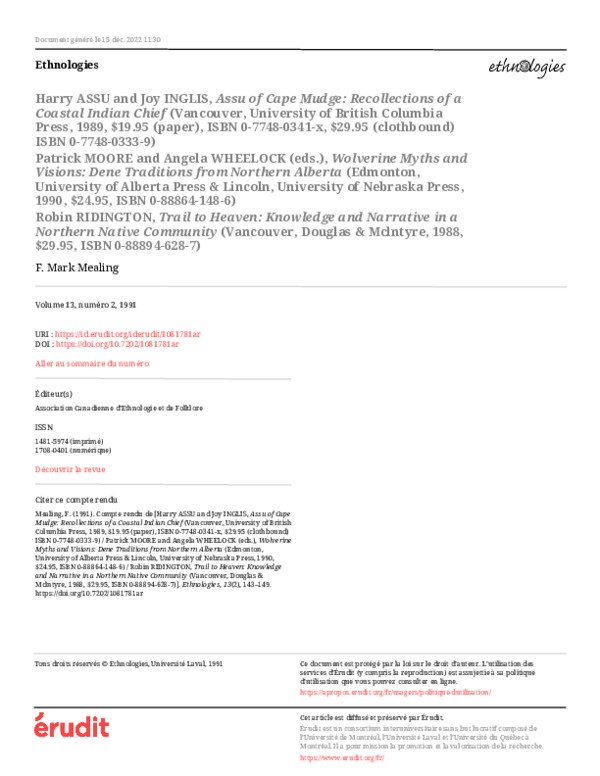 (PDF) Harry ASSU and Joy INGLIS, Assu of Cape Mudge: Recollections of a ...