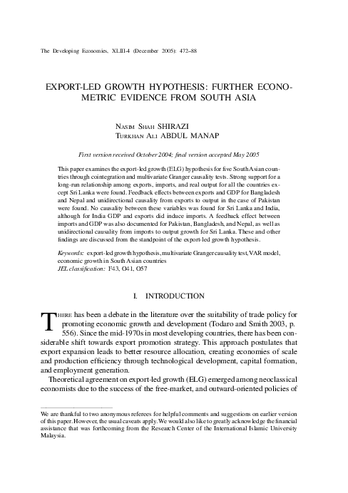 (PDF) Export-Led Growth Hypothesis: Further Econometric Evidence from ...