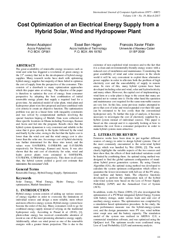 (PDF) Cost Optimization of an Electrical Energy Supply from a Hybrid Solar, Wind and Hydropower