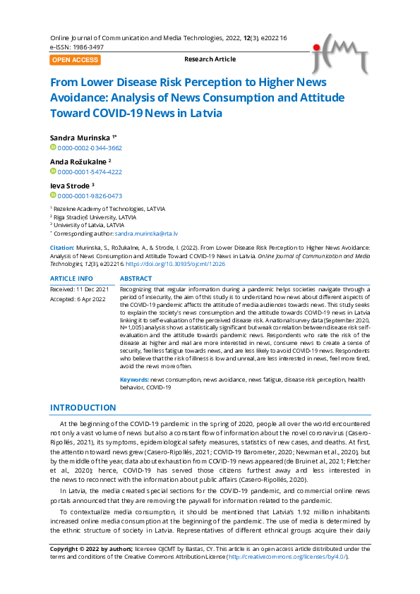 From Lower Disease Risk Perception to Higher News Avoidance: Analysis of News Consumption and Attitude Toward COVID-19 News in Latvia