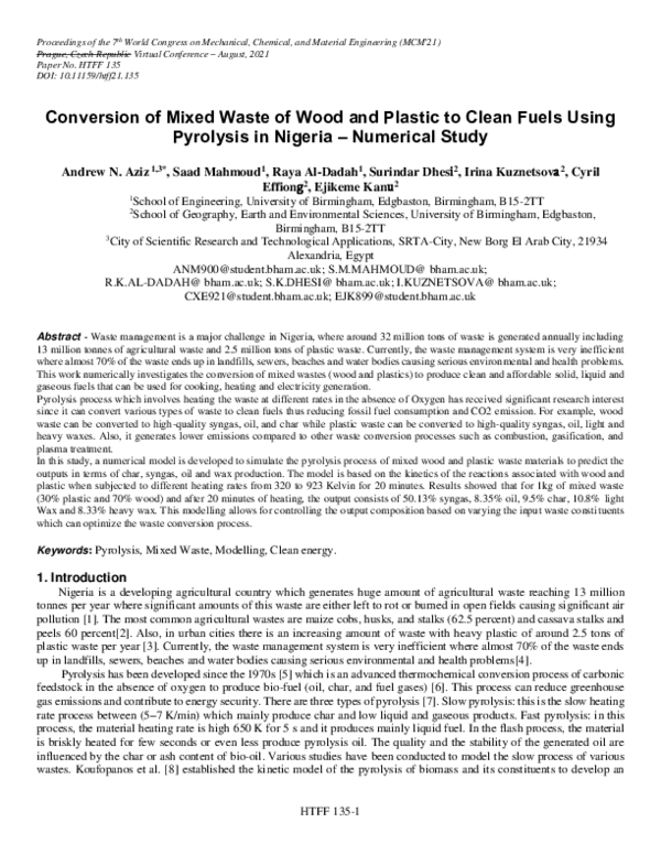 (PDF) Conversion of Mixed Waste of Wood and Plastic to Clean Fuels ...