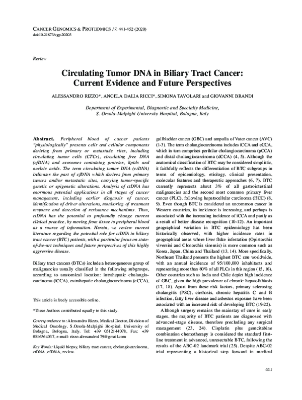(PDF) Circulating Tumor DNA in Biliary Tract Cancer: Current Evidence ...