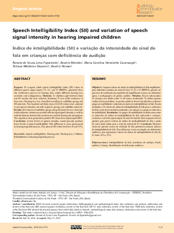 (PDF) Speech Intelligibility Index (SII) and variation of speech signal ...