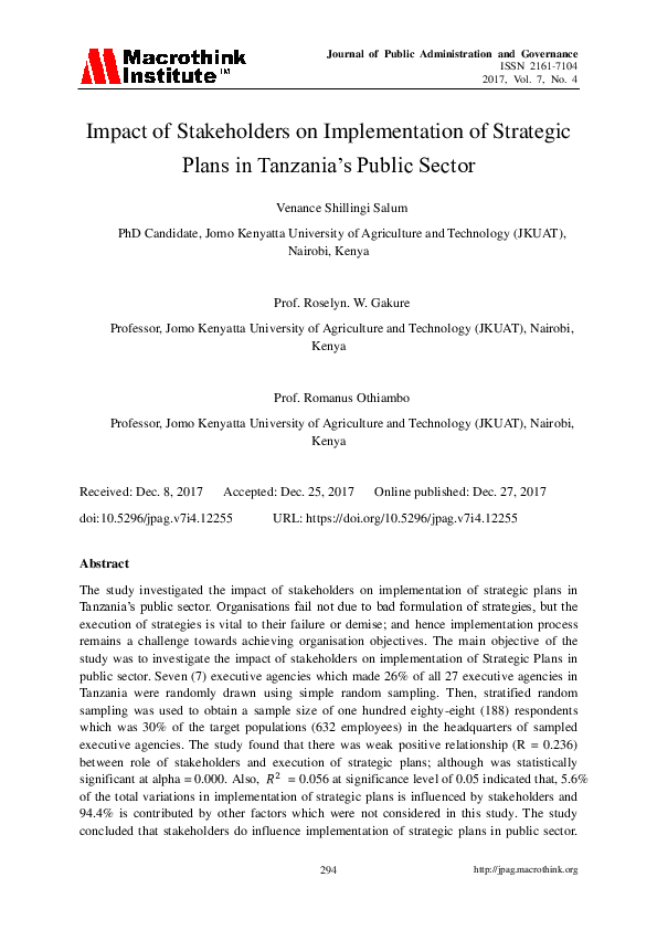 (PDF) Impact of Stakeholders on Implementation of Strategic Plans in ...