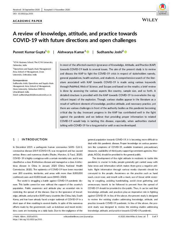 (PDF) A review of knowledge, attitude, and practice towards COVID ‐19 ...