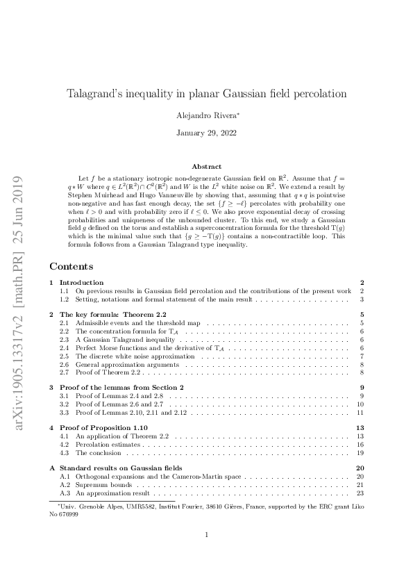 (PDF) Talagrand’s inequality in planar Gaussian field percolation