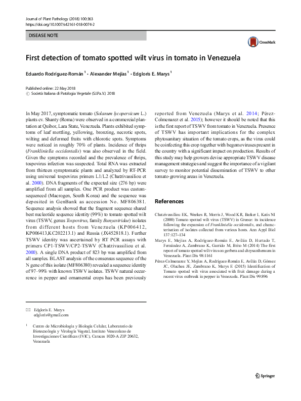 (PDF) First detection of tomato spotted wilt virus in tomato in Venezuela