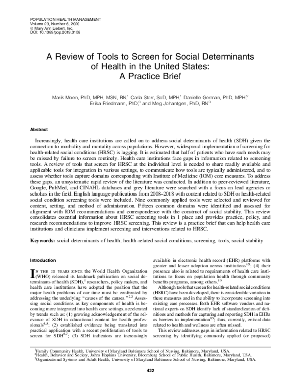 (PDF) A Review of Tools to Screen for Social Determinants of Health in ...