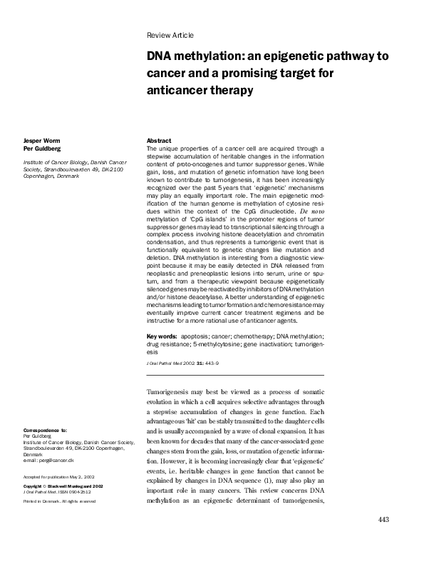 (PDF) DNA methylation: an epigenetic pathway to cancer and a promising ...