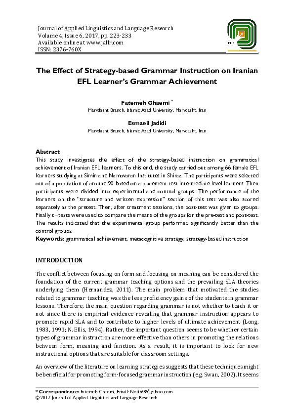 (PDF) The Effect of Strategy-based Grammar Instruction on Iranian EFL ...