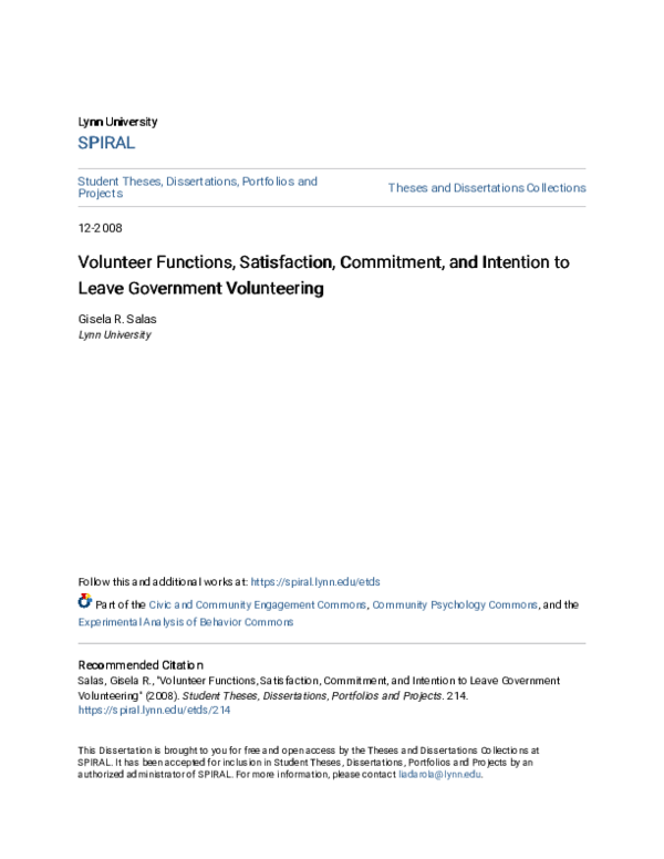 (PDF) Volunteer functions, satisfaction, commitment, and intention to ...