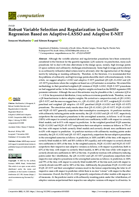 (PDF) Robust Variable Selection and Regularization in Quantile ...