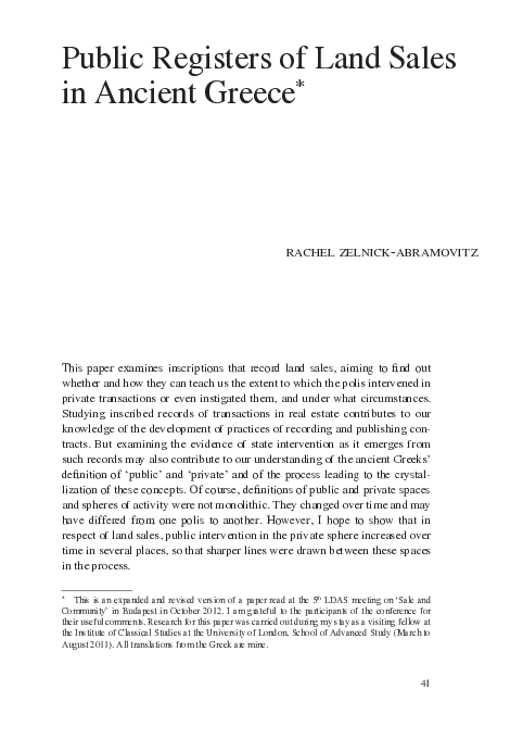 (PDF) Public Registers of Land Sales in Ancient Greece