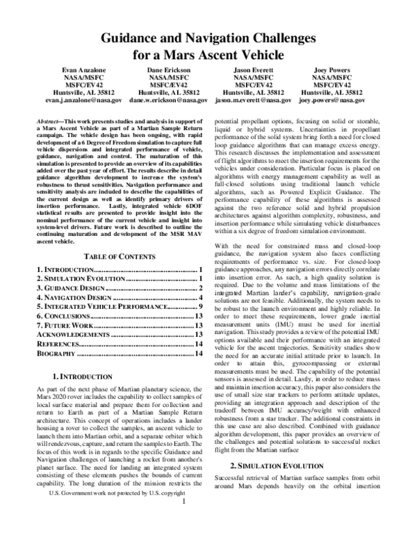 (PDF) Guidance and Navigation Challenges for a Mars Ascent Vehicle
