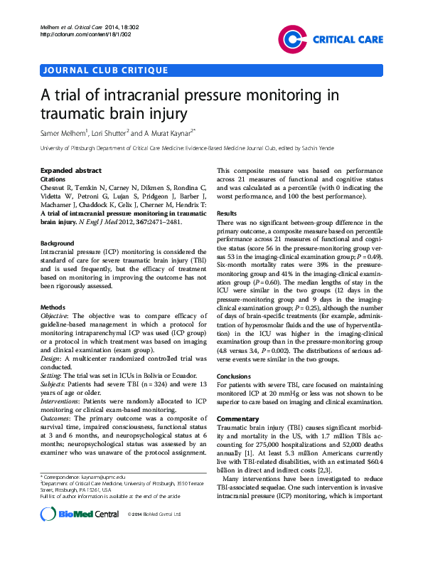 (PDF) A trial of intracranial pressure monitoring in traumatic brain injury
