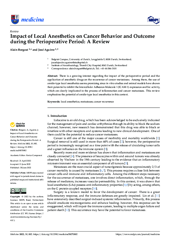 (PDF) Impact of Local Anesthetics on Cancer Behavior and Outcome during ...
