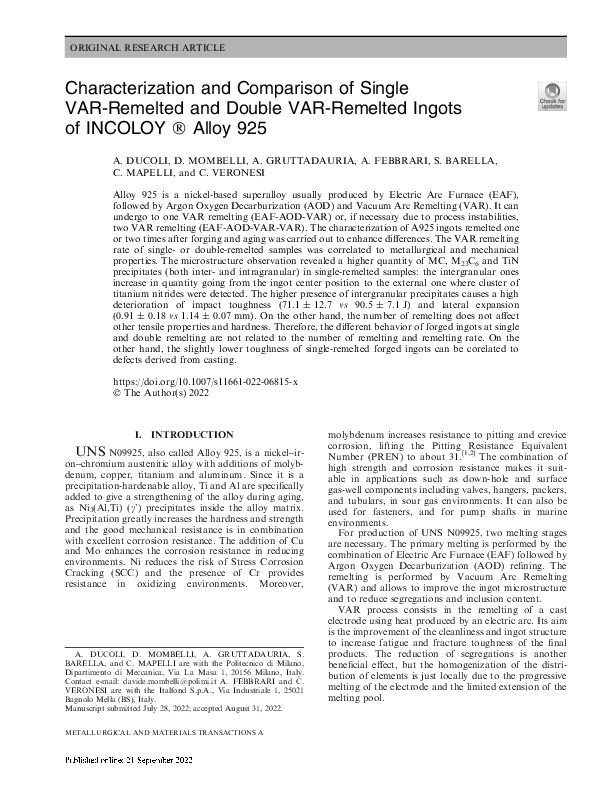 (PDF) Characterization and Comparison of Single VAR-Remelted and Double ...