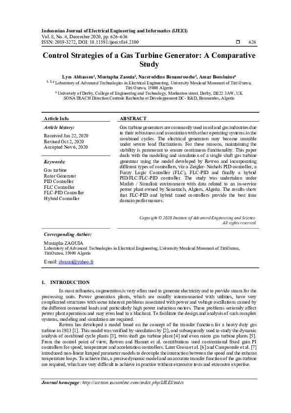 (PDF) Control Strategies of a Gas Turbine Generator: A Comparative Study