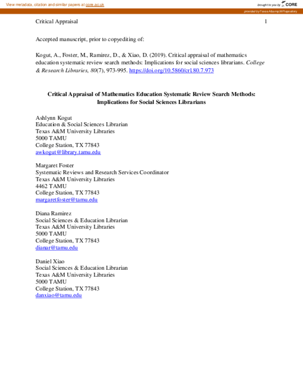 (PDF) Critical Appraisal of Mathematics Education Systematic Review ...