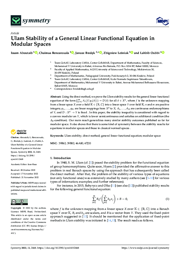 (PDF) Ulam Stability of a General Linear Functional Equation in Modular ...