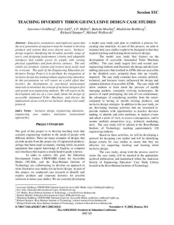 (PDF) Session S1C TEACHING DIVERSITY THROUGH INCLUSIVE DESIGN CASE STUDIES