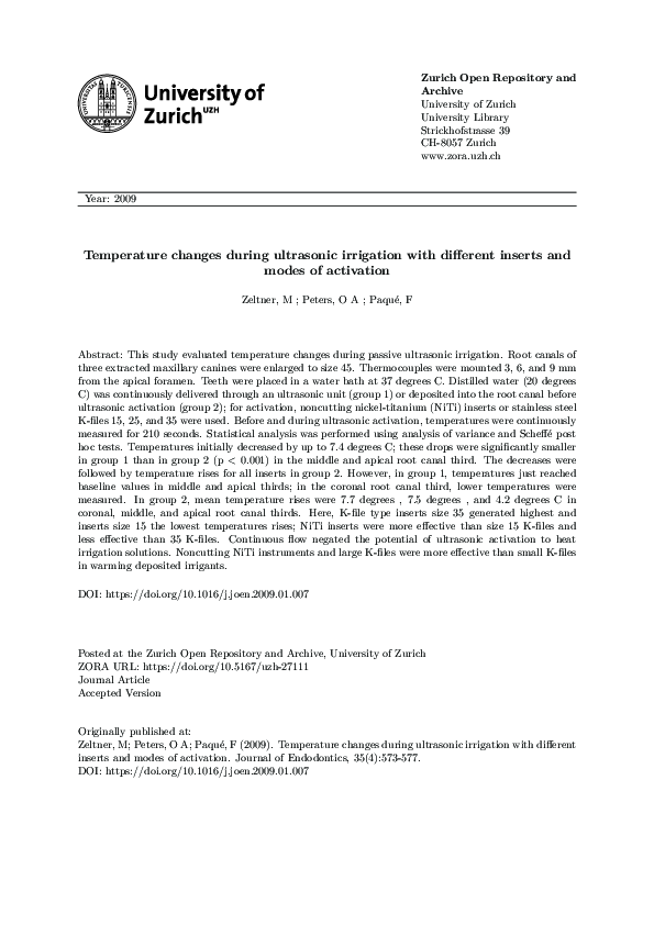 (PDF) Temperature changes during ultrasonic irrigation with different ...